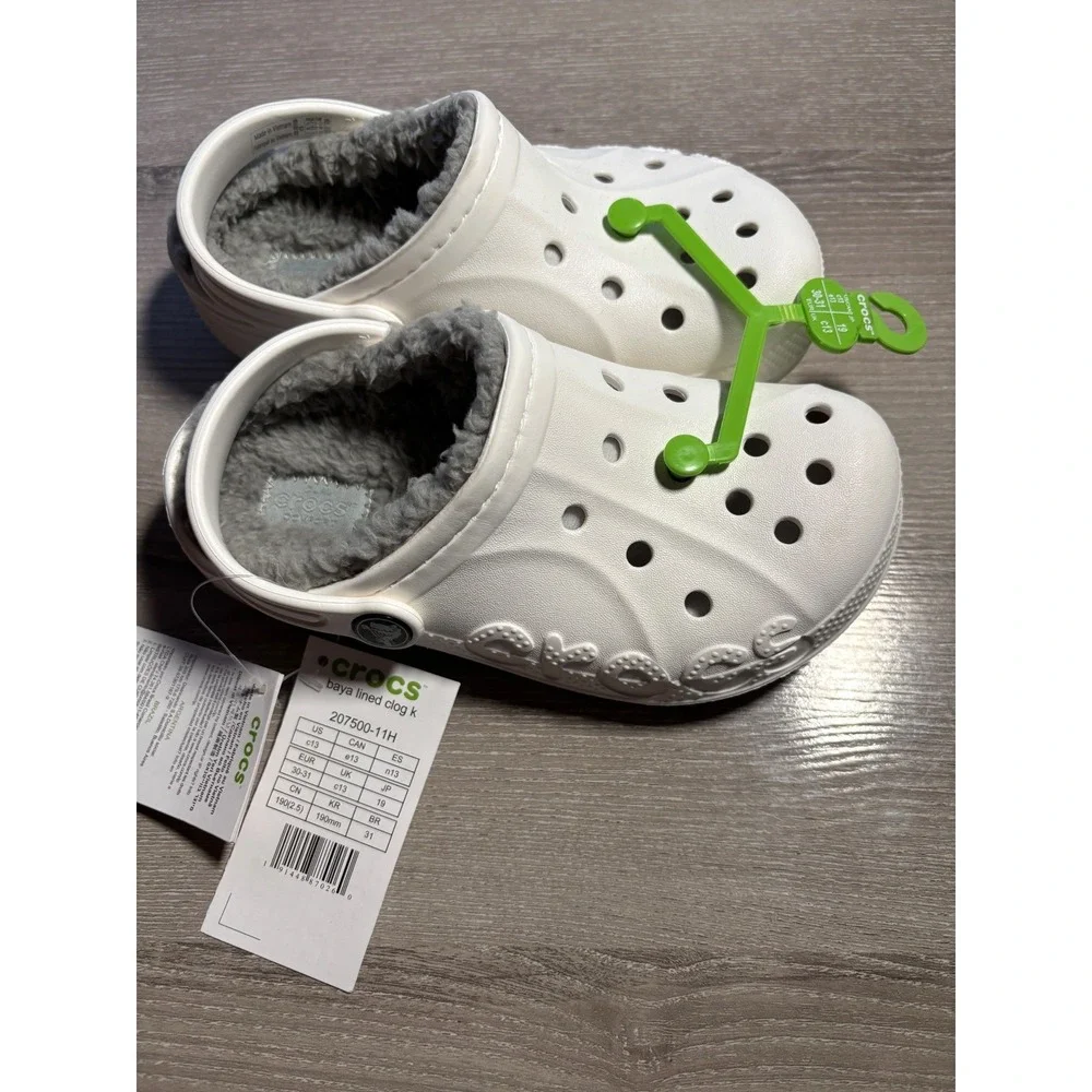NWT Crocs Girls 13 Baya Lined Clog K White Grey Fuzzy Fleece Kids School Summer